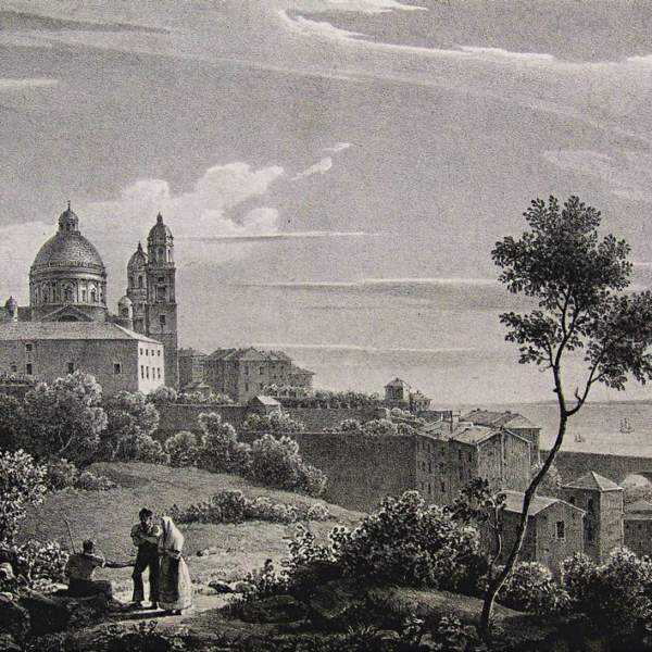 Giuseppe Bisi, Veduta della basilica e del ponte di Carignano, litografia su papier de Chine, Milano, 1828, da Lit. Vassalli