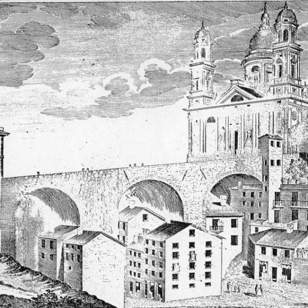 Antonio Giolfi, Veduta della basilica e del ponte di Carignano, acquaforte realizzata da G.L. Guidotti, seconda metà del XVIII secolo